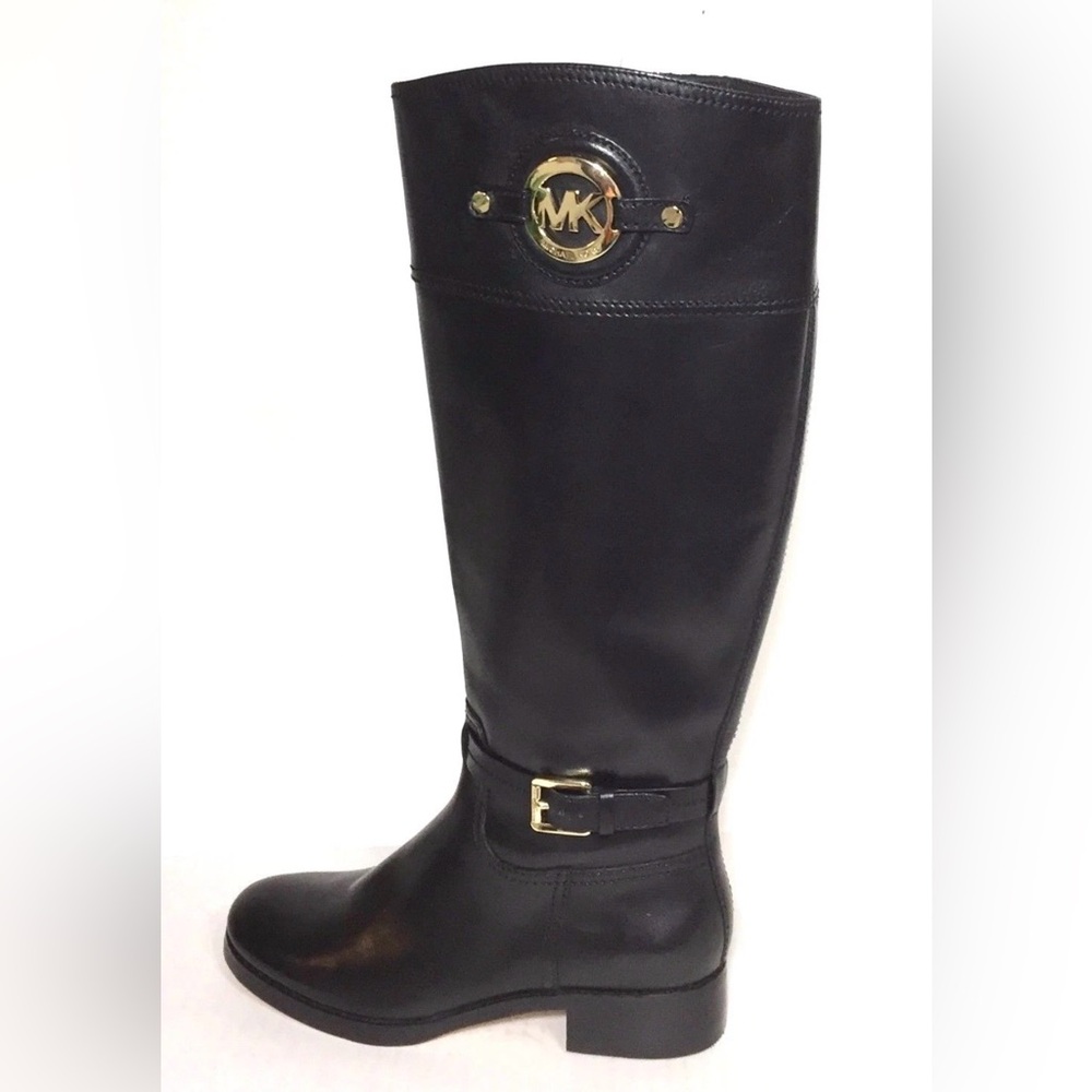 Michael Kors Black Tall Leather Healed Zip Up Boots & Gold Accents Size 8 NWOB - Picture 4 of 13